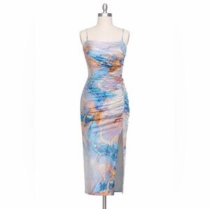 CIDER Marble Print Ruched Midi Dress | Slit | Spaghetti Strap | XL NWT